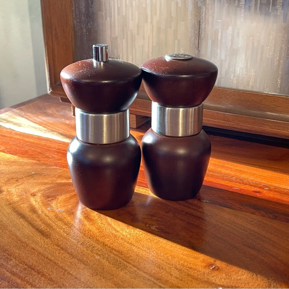 Vintage Mr. Dudley Salt & Pepper Grinders Wood & Stainless Steel